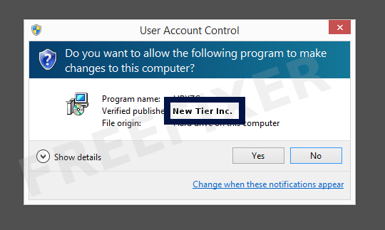 Screenshot where New Tier Inc. appears as the verified publisher in the UAC dialog